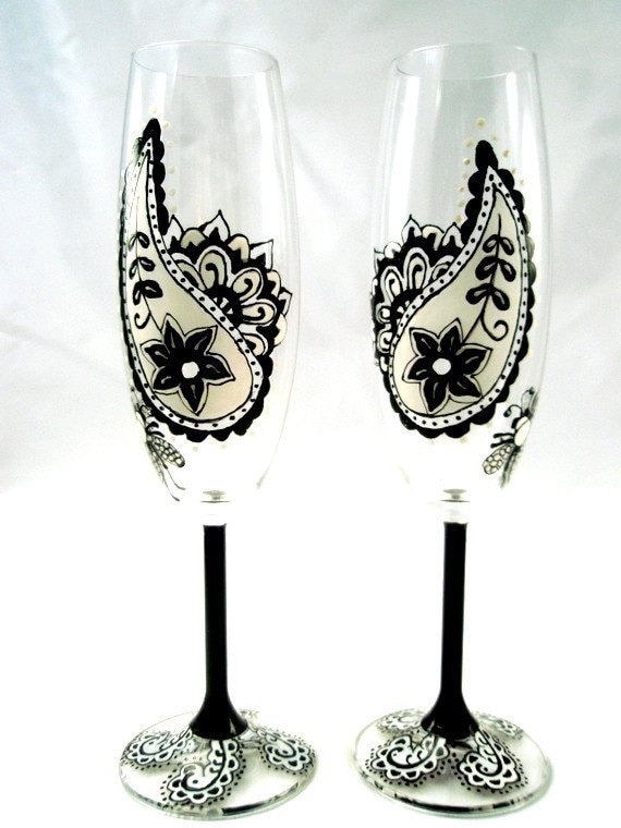 Black and White Paisley Damask Champagne Flutes From PickleLilyDesign