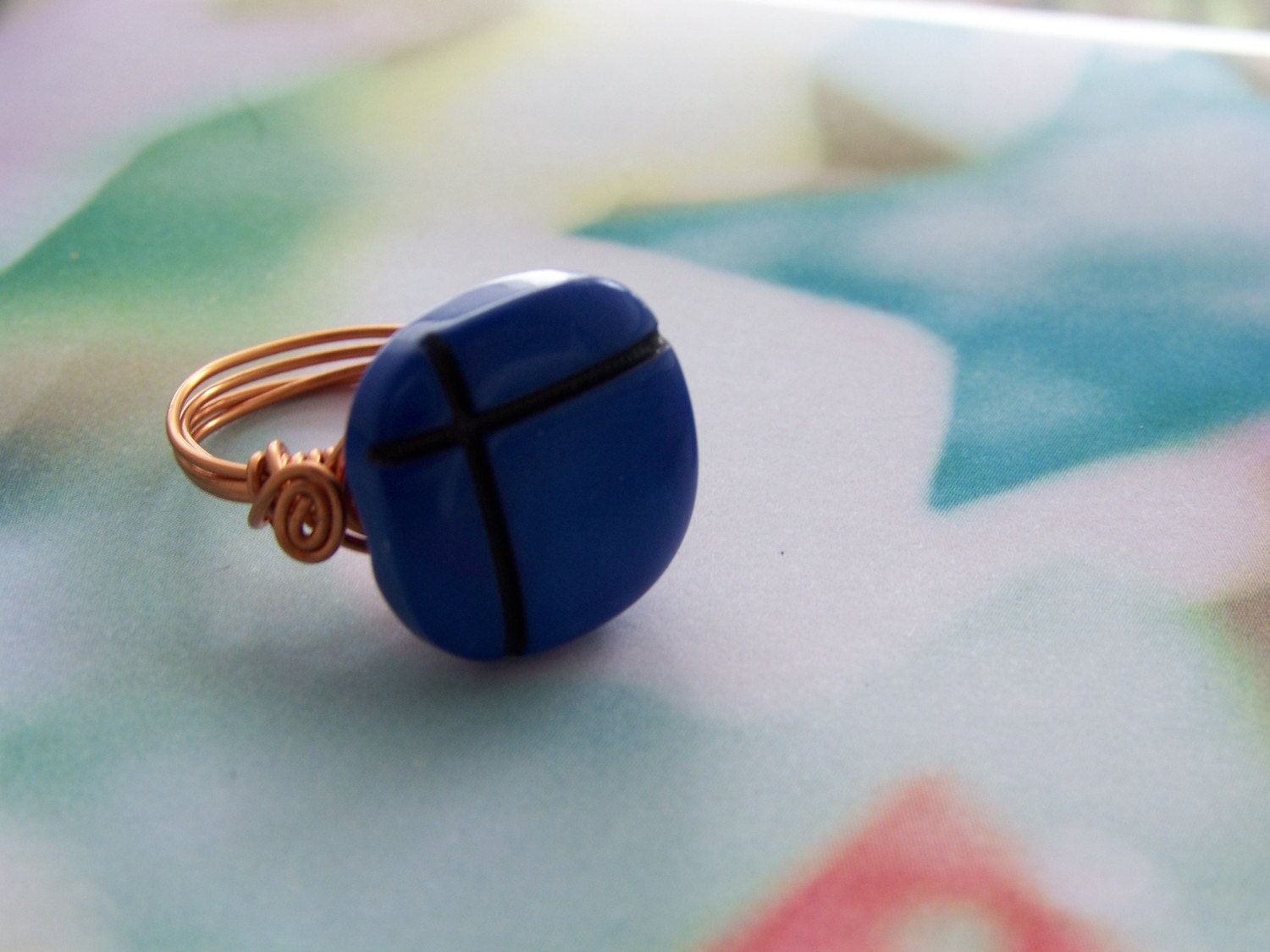 Copper wire wrapped ring with blue square bead size 6.75 Free Shipping