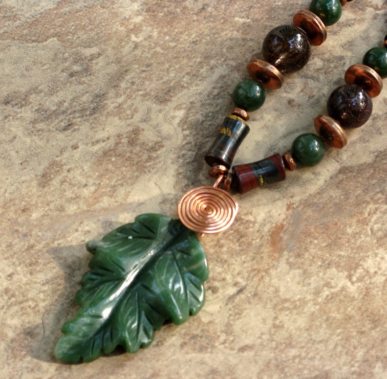 Necklace with Nephrite Jade Leaf, Copper, Tiger Iron and Rutilated Quartz
