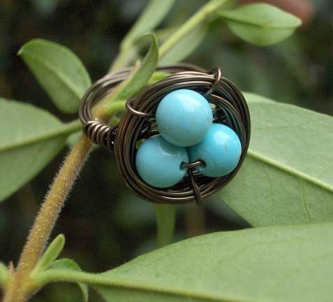 Robins Nest Egg Ring Light Teal Turquoise Howlite and Pretty Bird Nest 