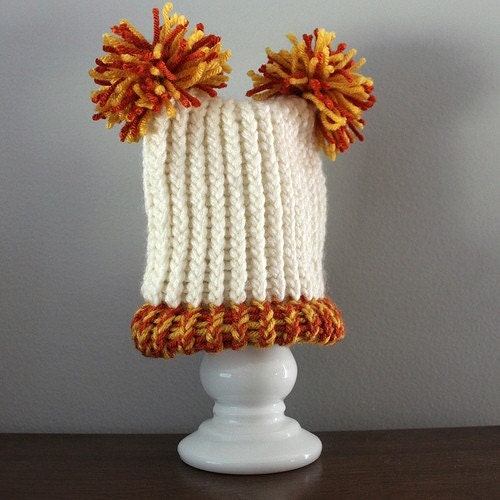 Baby Hat - Knit Orange White Halloween Pom Pom Photo Prop