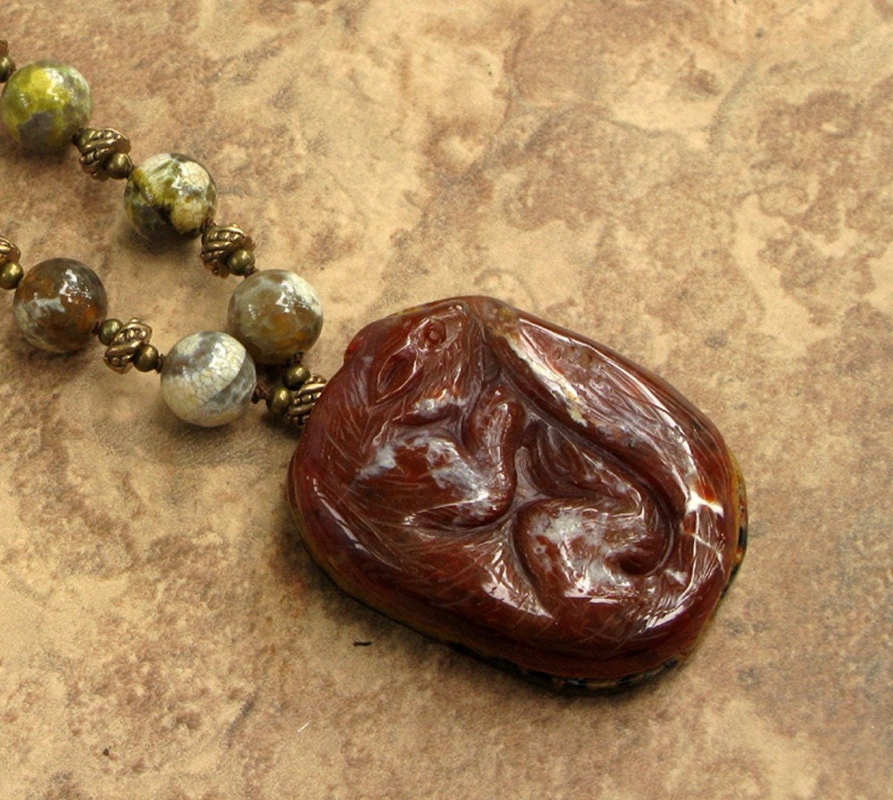 Carnelian, Crab Agate and Brass Mongoose Necklace