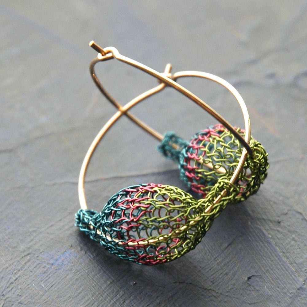 Peacock pod hoop earrings -  green blue and purple - crocheted wire jewelry