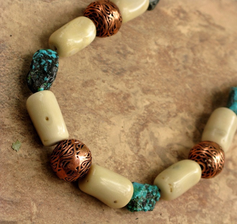 Turquoise, Sea Bamboo and Copper Necklace