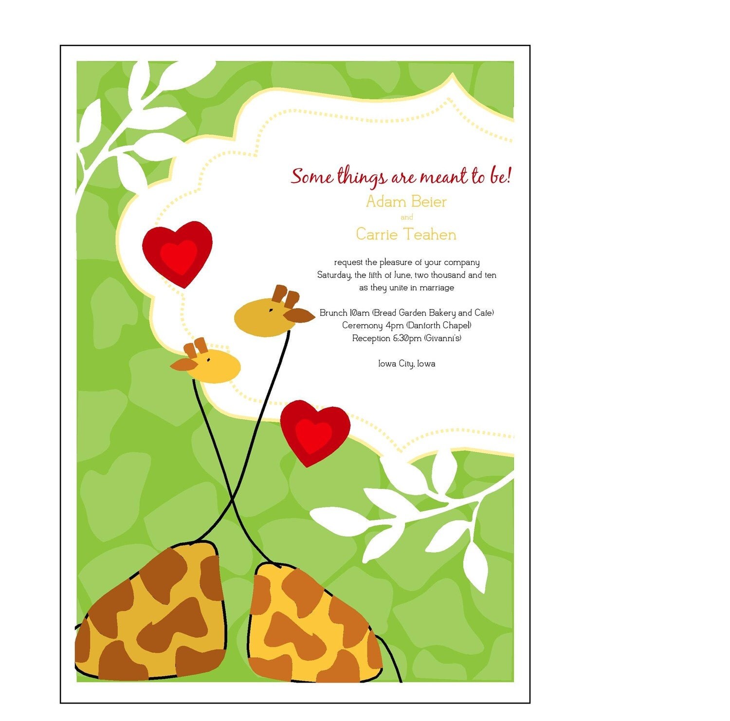 Fun NonTraditional Jungle Green Orange Brown Giraffe Wedding Invitation