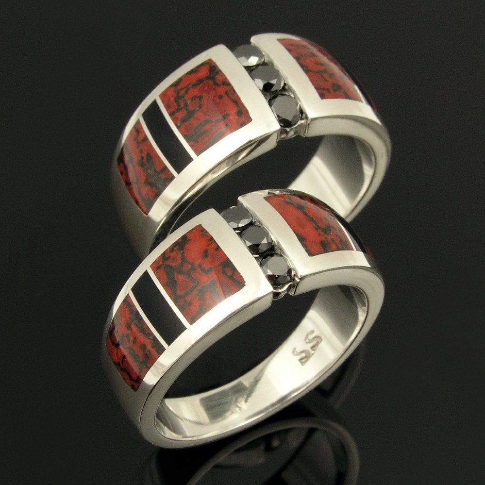His and Her Wedding Ring Set with Dinosaur Bone and Black Diamonds