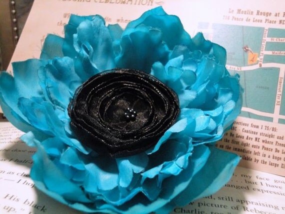 HALF OFF SALE-Boutique Style Soft Blue with Black Satin Hair Clip-exclusively from pink80sgirl