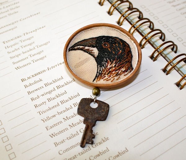 Crow and Key Hand Embroidery Steampunk Brooch