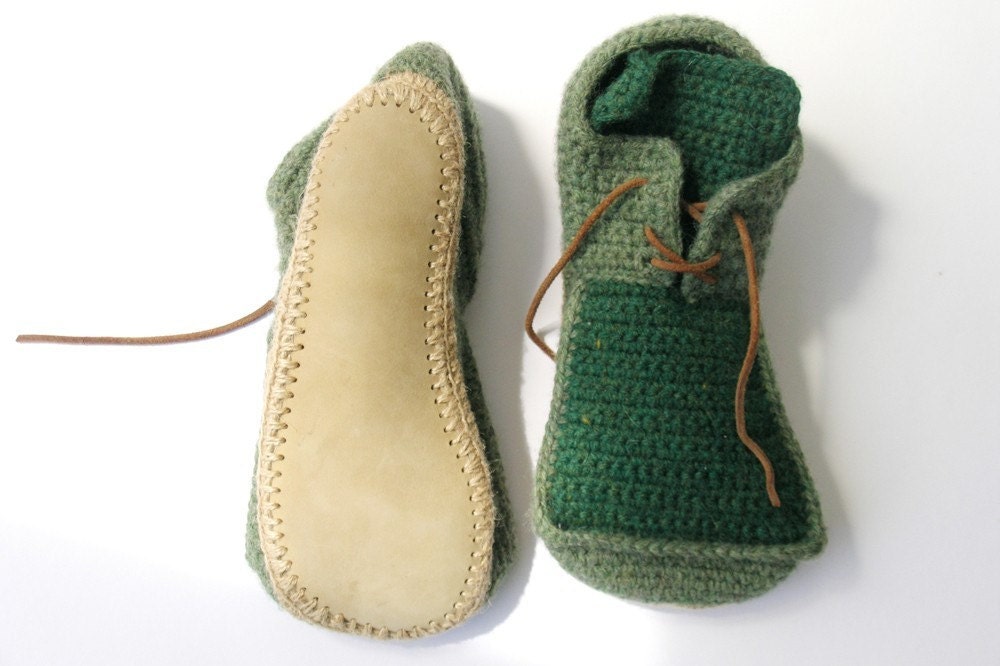 Crochet House Shoes with Leather Sole in dusty green - all adult shoe sizes