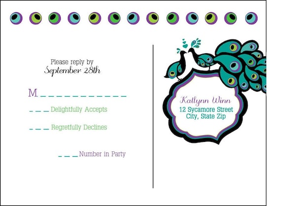 Fun NonTraditional Purple Blue Green Teal Peacock Wedding Invitation and 