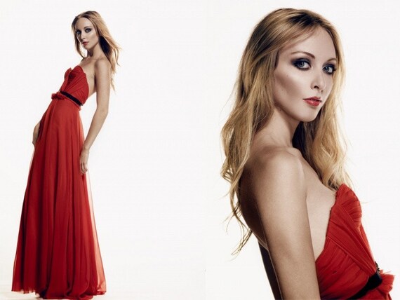 Scarlet Silk Hand Gathered Bustier Gown