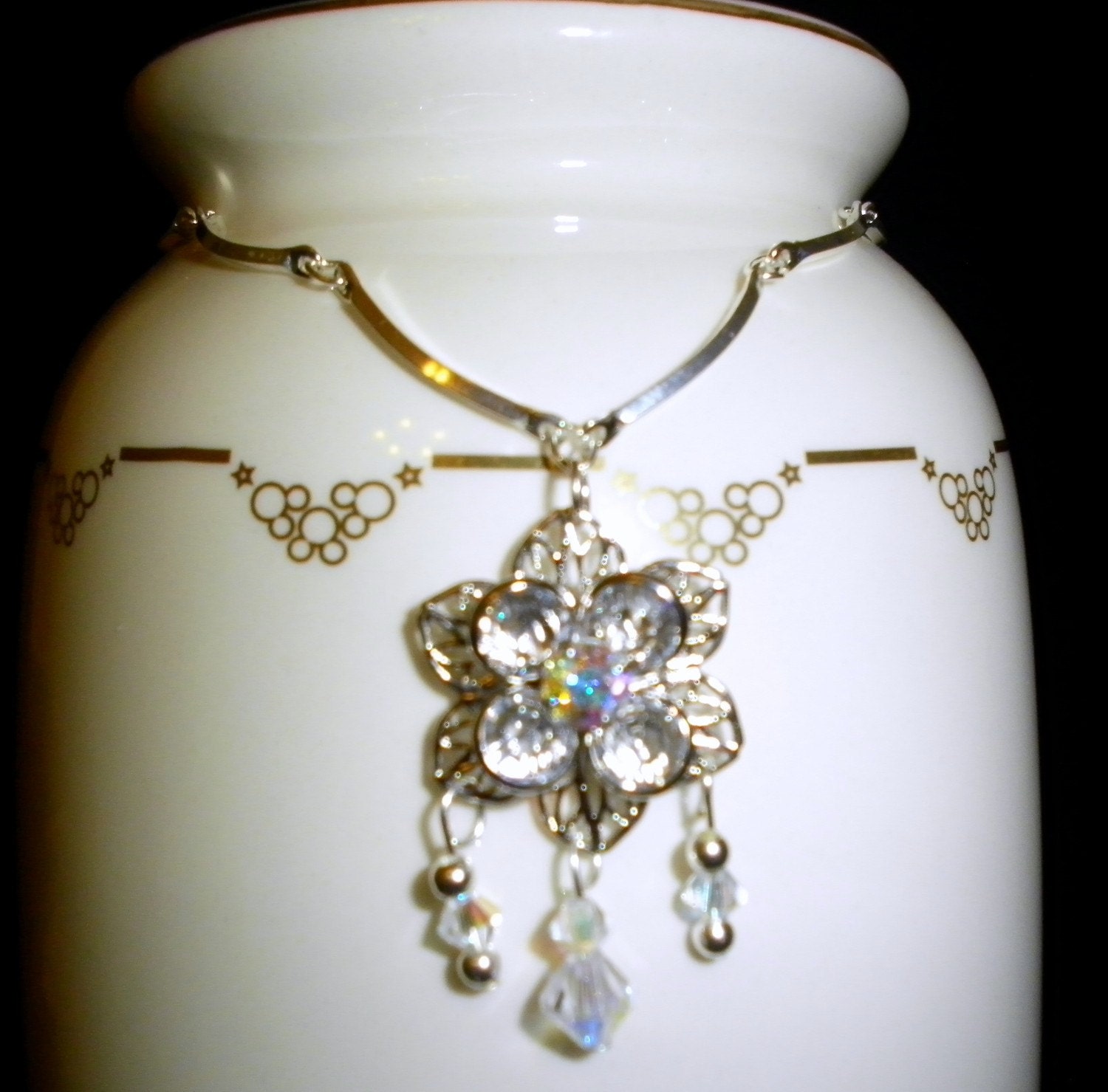filigree flower Swarovski crystal necklace