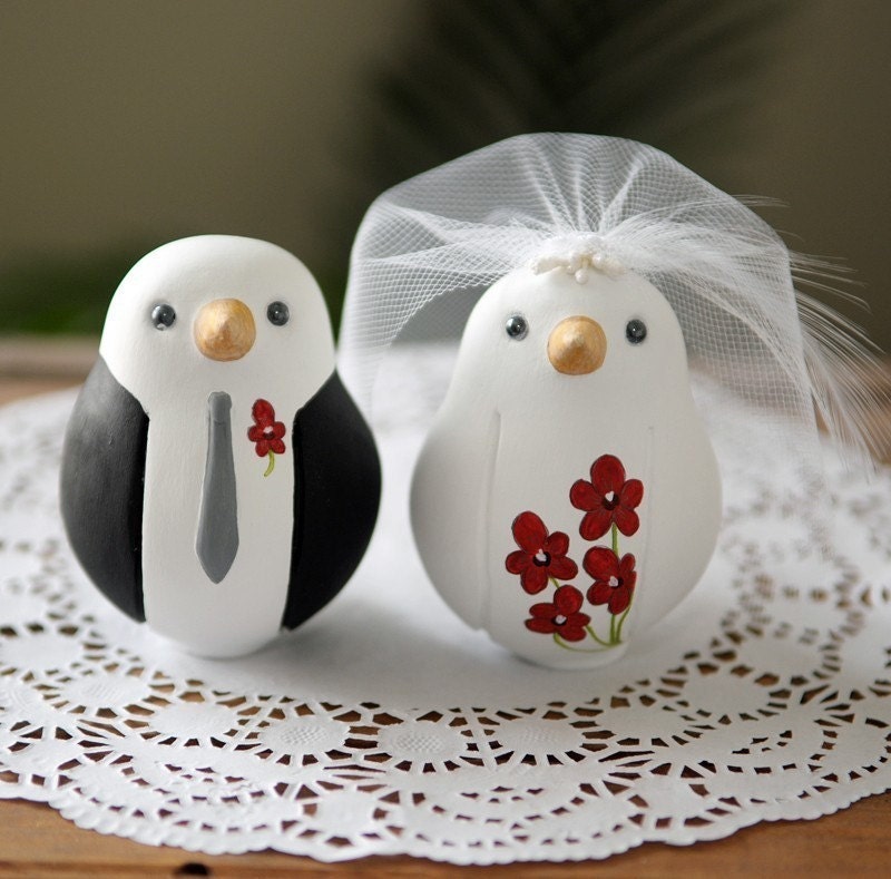Custom Wedding Cake Topper - Medium Hand Painted Love Birds with Painted Bouquet