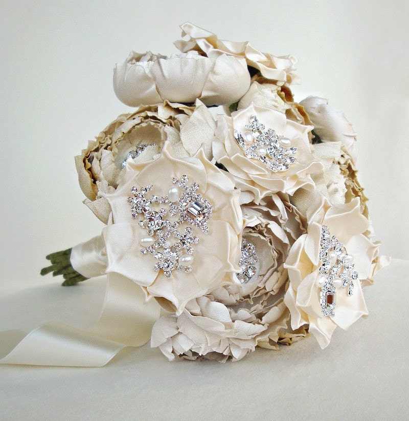 Ivory and Cream Silk Catala and Jeweled Bloom Bridal Bouquet