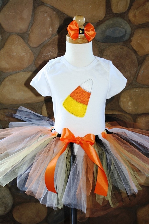 Halloween Costume Candy Corn Shirt and Candy Corn Colored Tutu  with matching Orange Bow