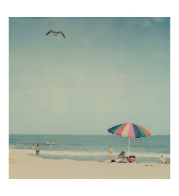 Beach photograph - Sunshiny day - Fine art polaroid photo in retro colors - Umbrella, picnic, summer vacation