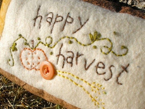 Primitive Embroidered Happy Harvest Mini Pillow