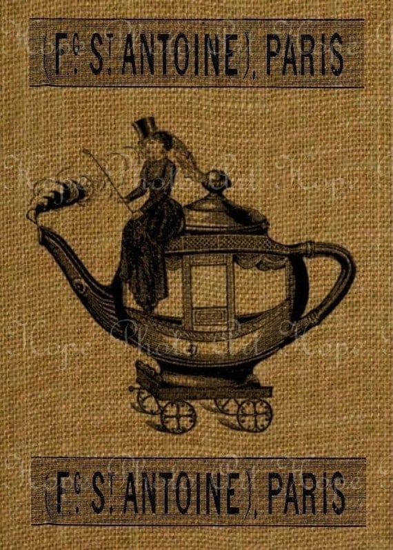 Teapot Carriage Fabric Image Transfer Collage - Burlap Feed Sacks Pillows Tea Towels greeting cards- U Print JPG 300dpi