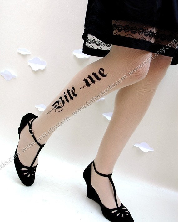 s/m HALLOWEEN BITE ME tattoo tights / stockings/ full length / pantyhose / nylons ultra pale