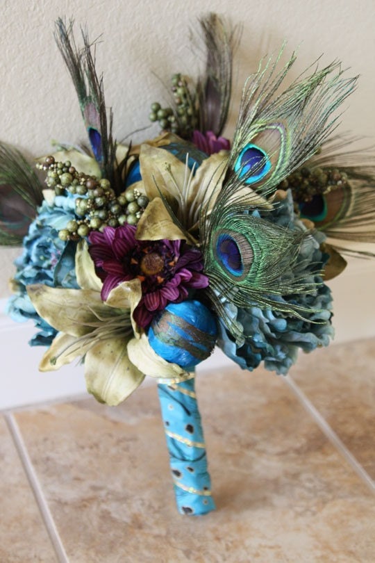 Terrific Teal Bridal Bouquet Peacock Wedding Bouquet