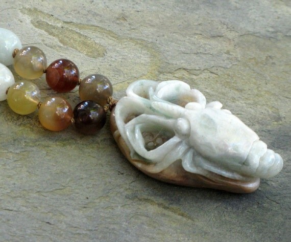 Agate and Jade Shrimp Pendant Necklace