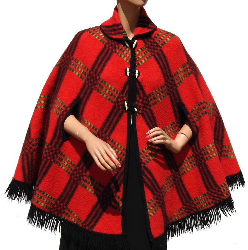 Vintage 60s Red Black and Yellow and Green Plaid Wool Reversible Cape