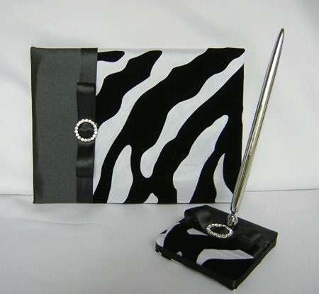 Black White Zebra Print Wedding Guest Book Pen set Your color Ribbon