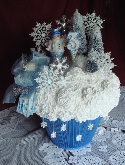 2 foot high Winter Wonderland GIGANTIC Faux CUPCAKE Blue and White and Frosty Snowman Snowflakes Cake Topper Centerpiece Christmas Party Prop Christmas