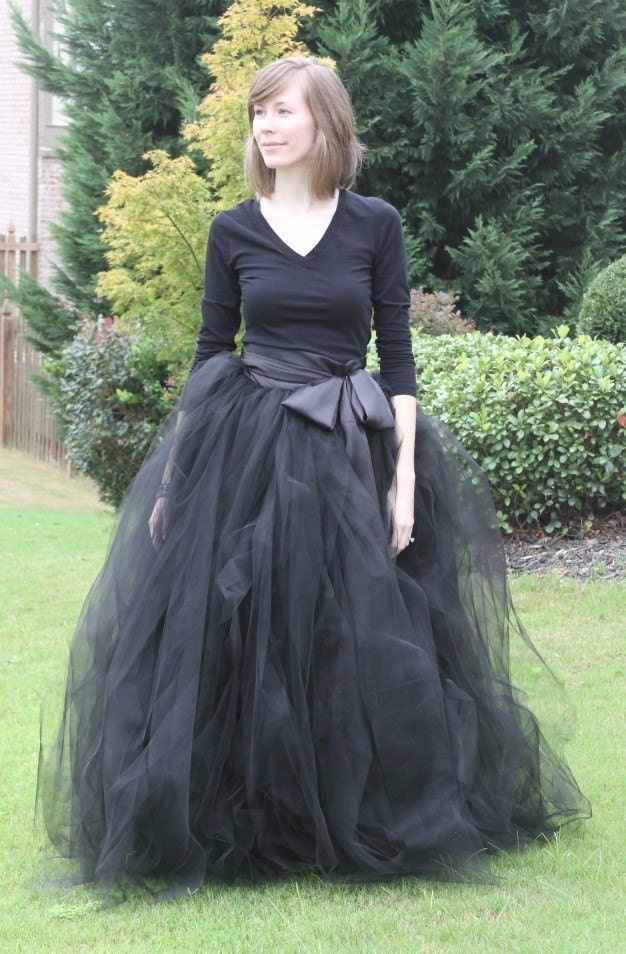 Black adult tutu, long black skirt, sewn tutus, Wide Satin sash, Wedding tutu, Prom dress