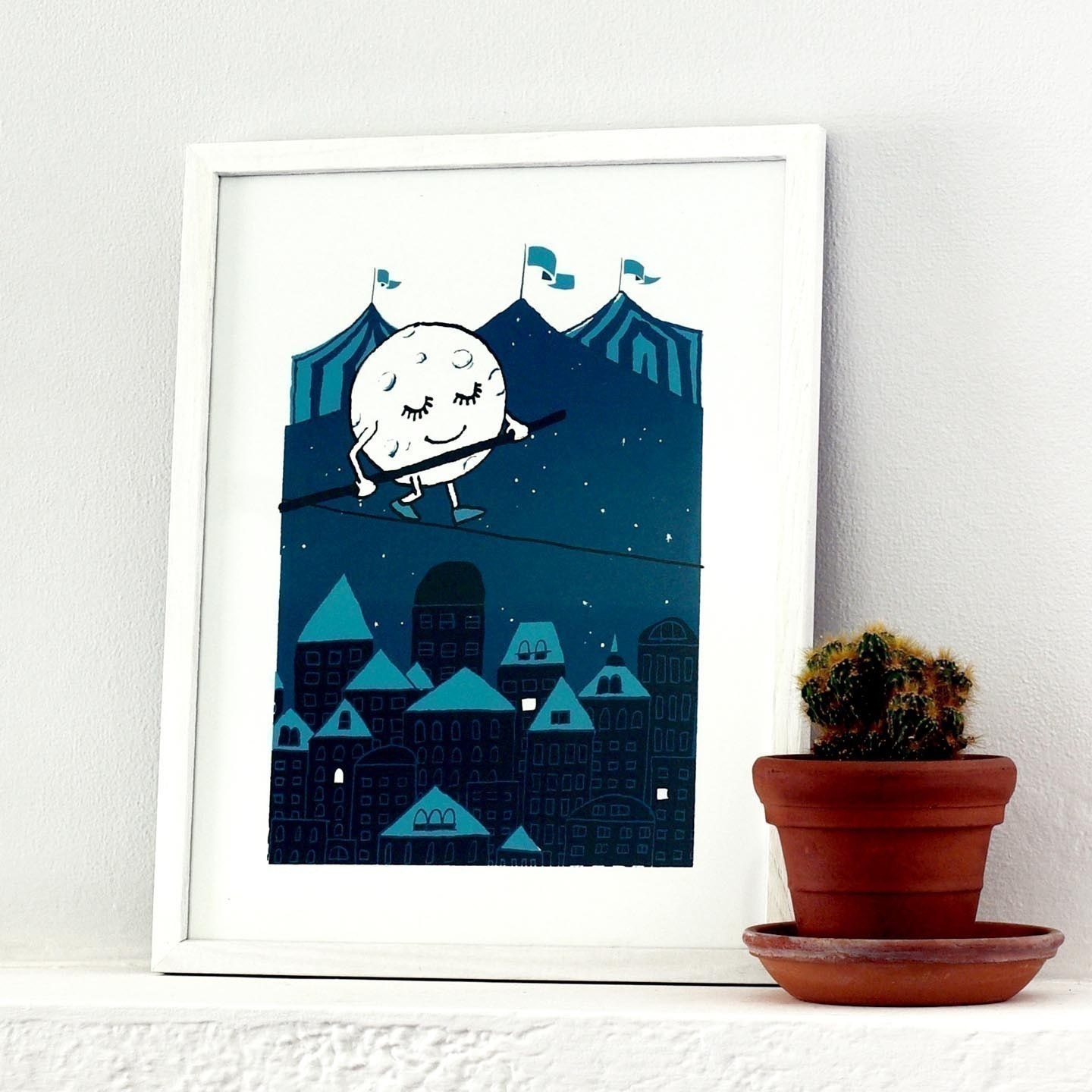 ON SALE - silk screen printed poster - Moon Walks A Tightrope