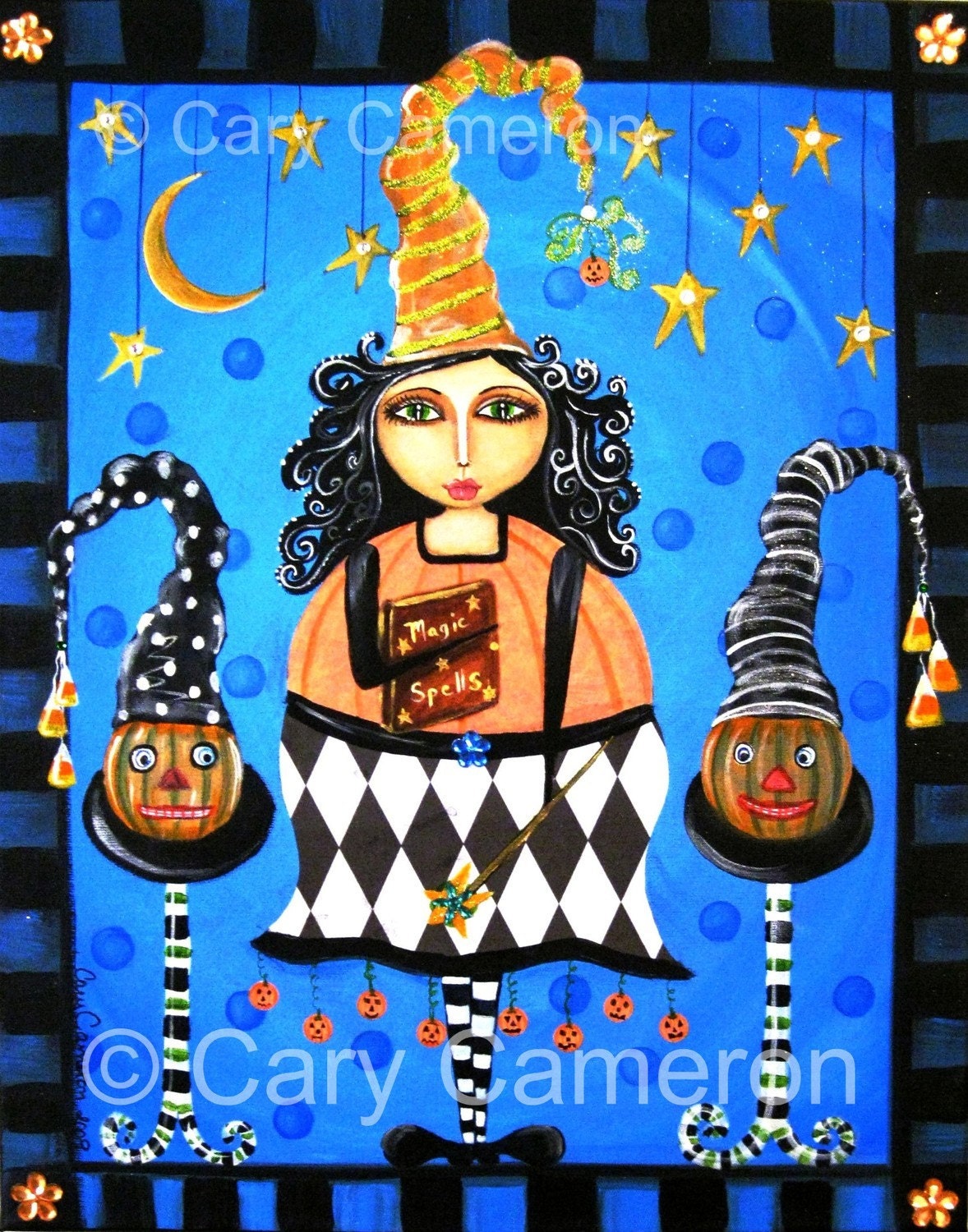 Pumpkin Witch Halloween candy corn spell book Folk art fantasy Cary Cameron