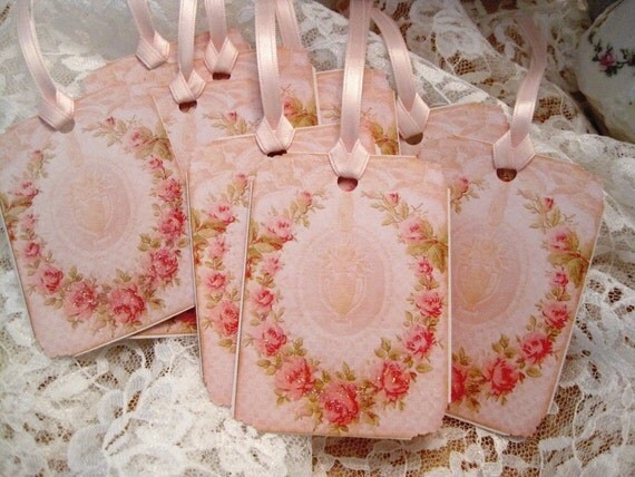 Shabby French Floral Wreath Gift Tags No 24 - Paris - Roses - Tea Dyed - Vintage - Wedding - Shower - Embossed - Glitter - Buy 3 Get 1 Free