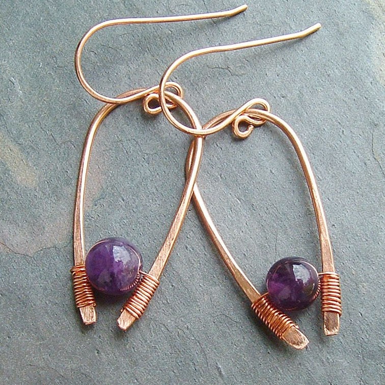 Modern Jewelry Copper Hoop Earrings Amethyst Inverted Hoops - gift for her