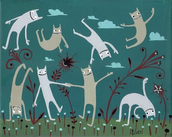 Whimsical Cats Art Print Blue Green