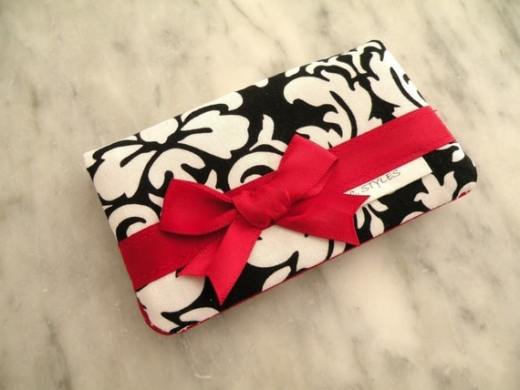 Card Holder--Business Card Holder--Black-White Dandy Damask with Red Satin Bow