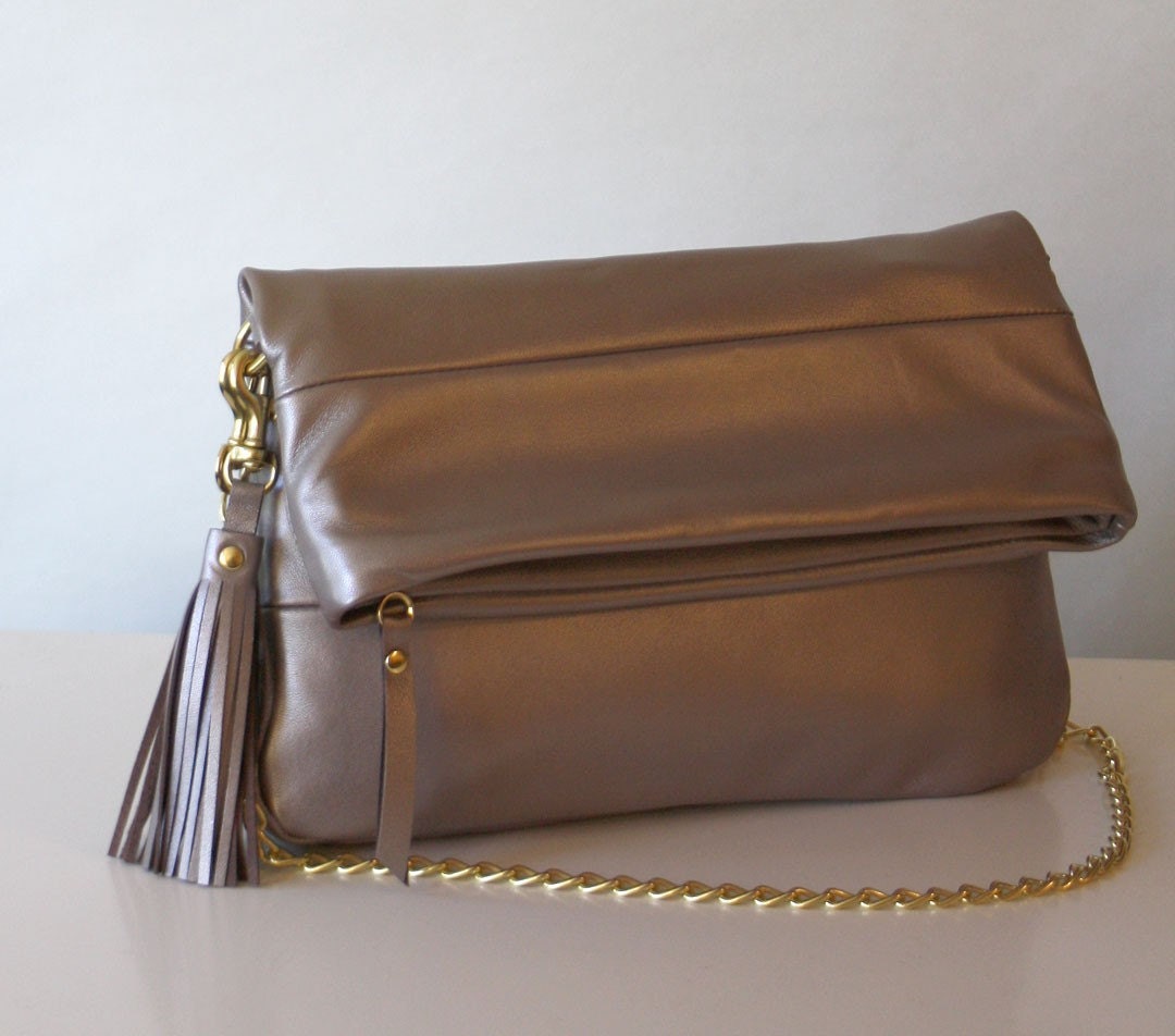 Leather Purse - OPELLE Fold-Over Clutch Bag - Warmed Silver Lambskin w Gilt Chain - Ready to Ship