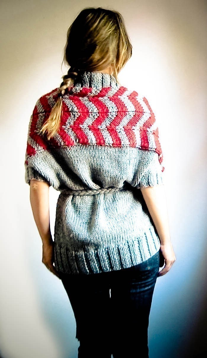 hand knit cardigan vest ZIG ZAG in grey and red, wool braid belt with tassels