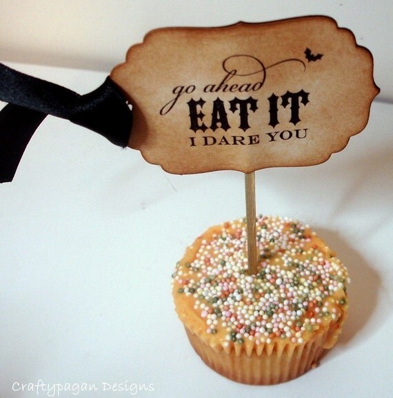Fall Sale-10% Off I Dare You Handmade Vintage Style Halloween Cupcake Toppers-SET of 12-As Featured on The Front Page of Etsy