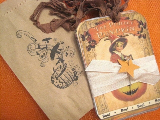 Vintage Halloween Gift Tags - Retro - Children - Witches - Bats - Cats - Embossed - Glass Glitter - Buy Three Get One Free