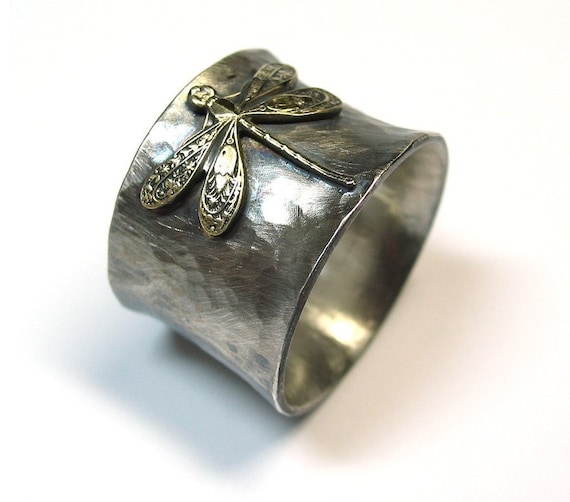 Sterling Silver Dragonfly Ring Wide Band - Enchanted Dragonfly