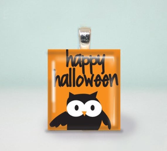 Scrabble Pendant Black Orange Kitschy Cute Black Owl Happy Halloween