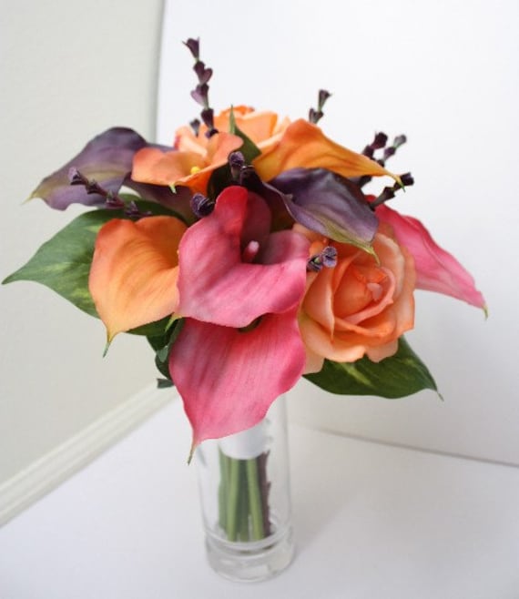 Calla Lily Bouquet Real Touch in Pink Purple and Orange for Summer