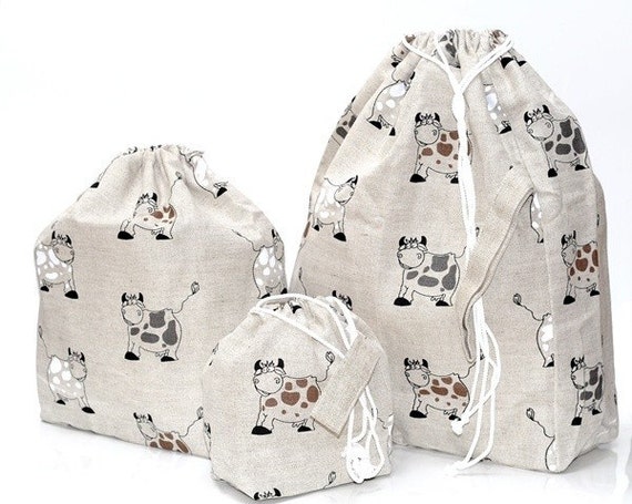 Set of 3 HAPPY COW Knitter Project Bags. XL, Large and Mini.