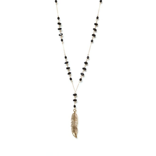 Feather Pendant Necklace - Jet Black Crystal