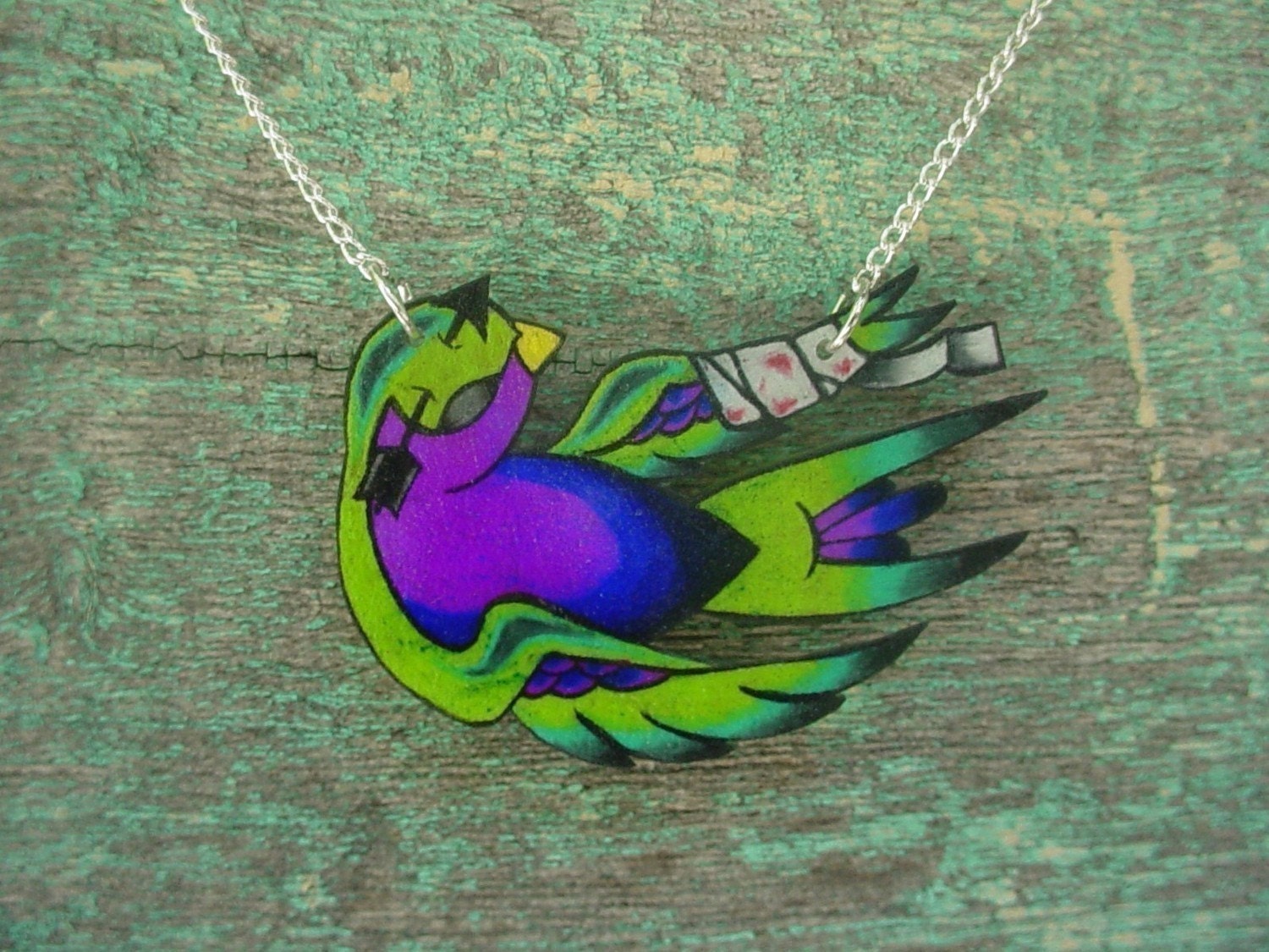 New School Tattoo Swallow Necklace Lime Green Teal And Purple