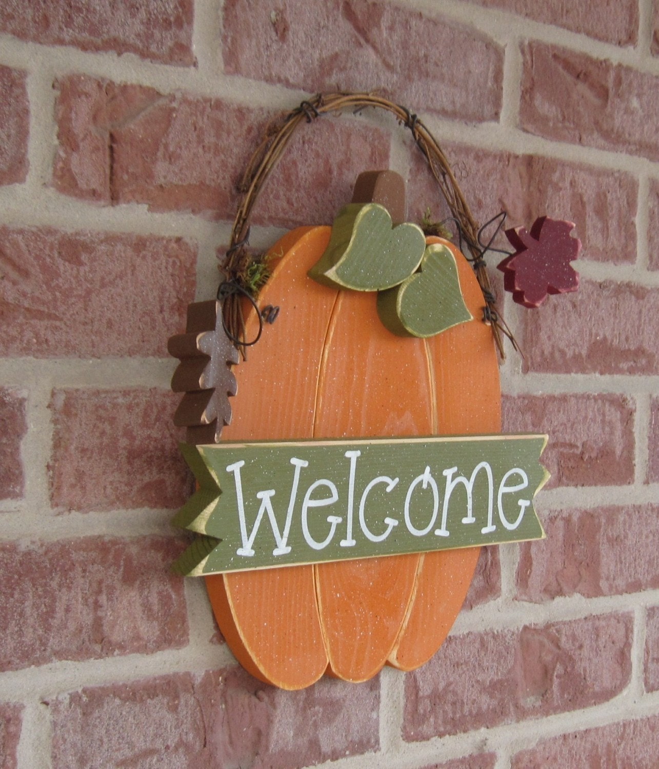 WELCOME PUMPKIN With Autumn leaves for Fall, wall and door hanging decor