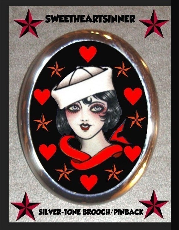 Retro Tattoo Sailor Gal with Hearts and Nautical Stars CUTE Adorable Silver Plated Brooch Pin