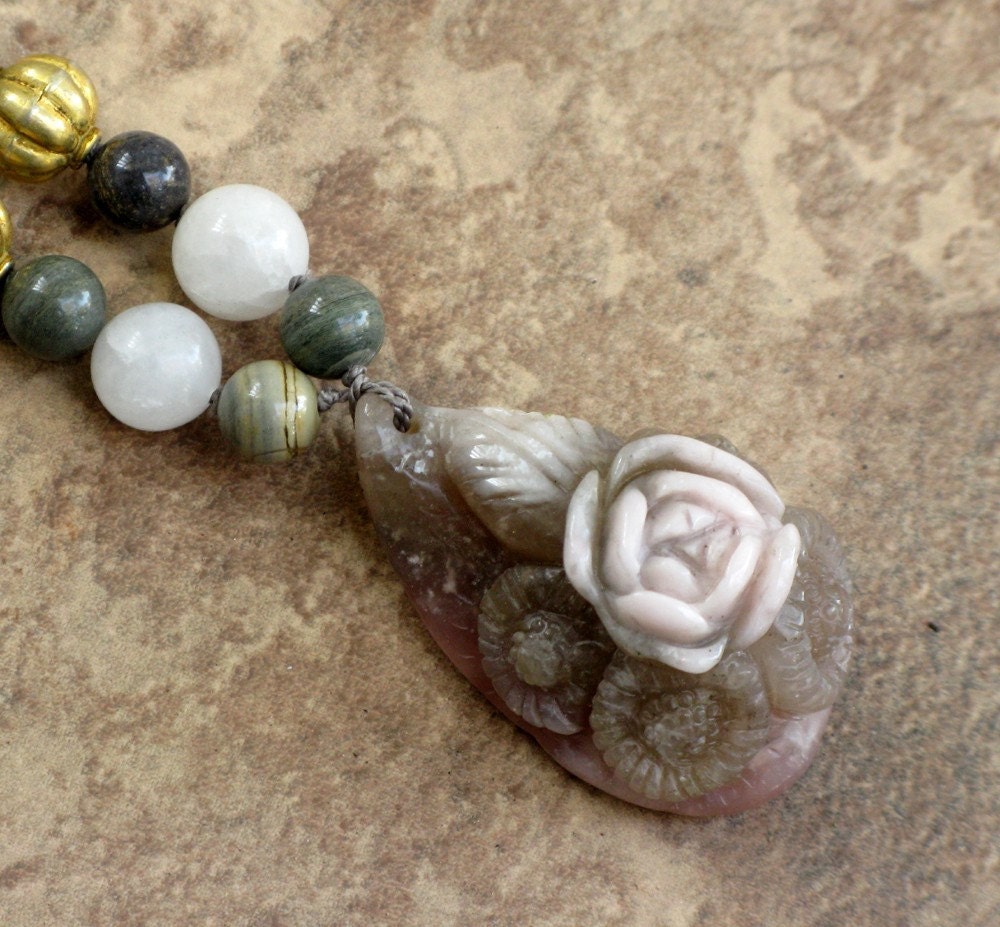 Pink Opal Rose with Gold Vermeil, Silver Leaf Jasper, and Quartz