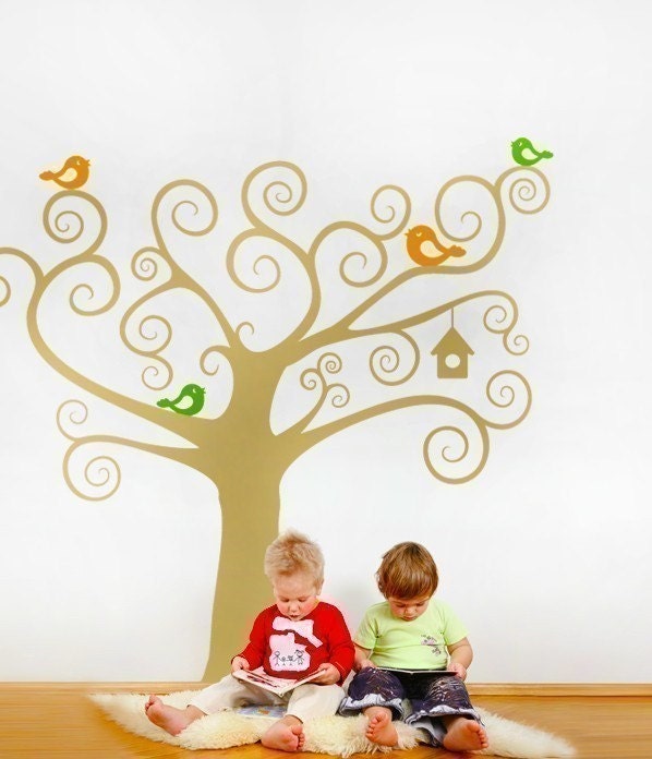 Removable Wall Decal Swirly Tree With Cute Birds