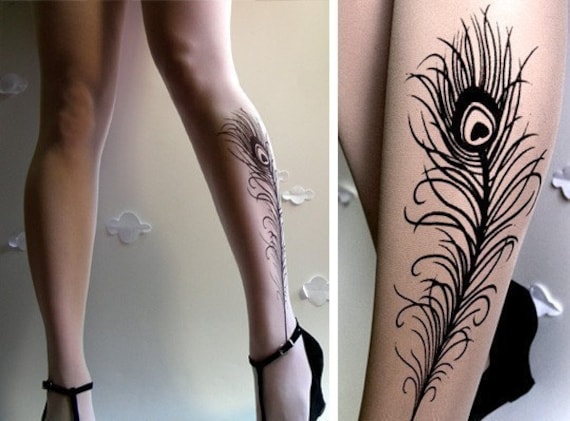 sexy PEACOCK FEATHER TATTOO gorgeous thighhigh socks White